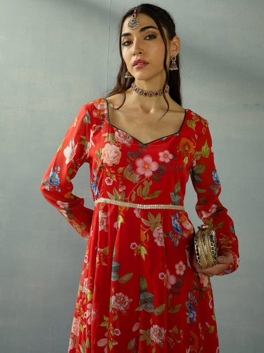 Women Red Floral Sweetheart Neck Anarkali Kurta