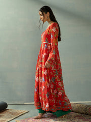 Women Red Floral Sweetheart Neck Anarkali Kurta