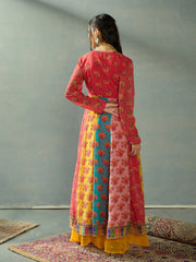 Women Red Multi Color V-Neck Anarkali Kurta