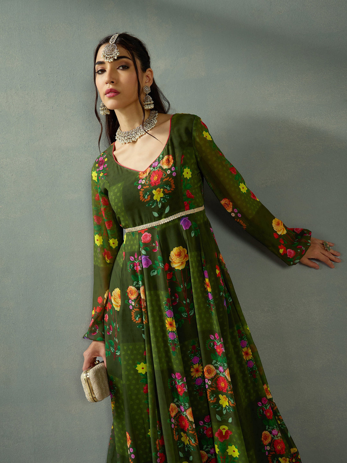 Women Green Floral Back Criss Cross Anarkali Kurta