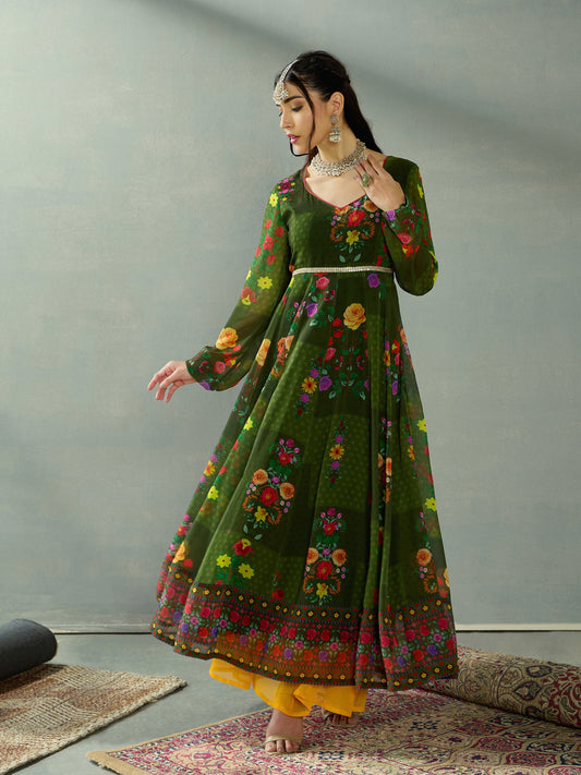 Women Green Floral Back Criss Cross Anarkali Kurta