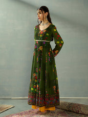 Women Green Floral Back Criss Cross Anarkali Kurta