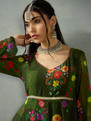 Women Green Floral Back Criss Cross Anarkali Kurta