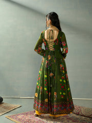 Women Green Floral Back Criss Cross Anarkali Kurta