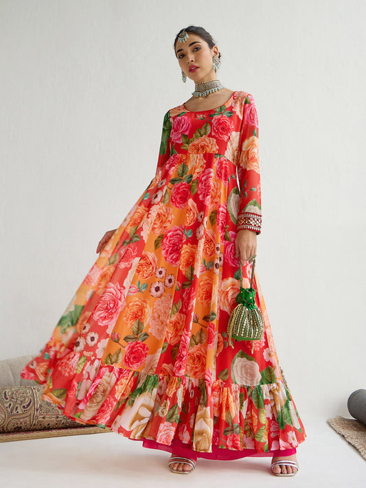 Women Yellow & Red Floral Frill Hem Anarkali Kurta