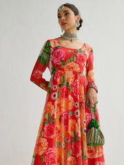 Women Yellow & Red Floral Frill Hem Anarkali Kurta