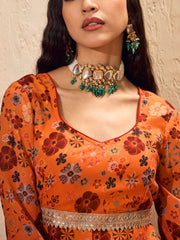 Women Orange Floral Sweetheart Neck Anarkali Kurta