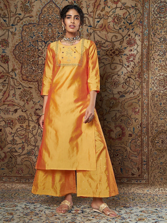 Women Mustard Zari Embroidered Kurta With Palazzo Pants