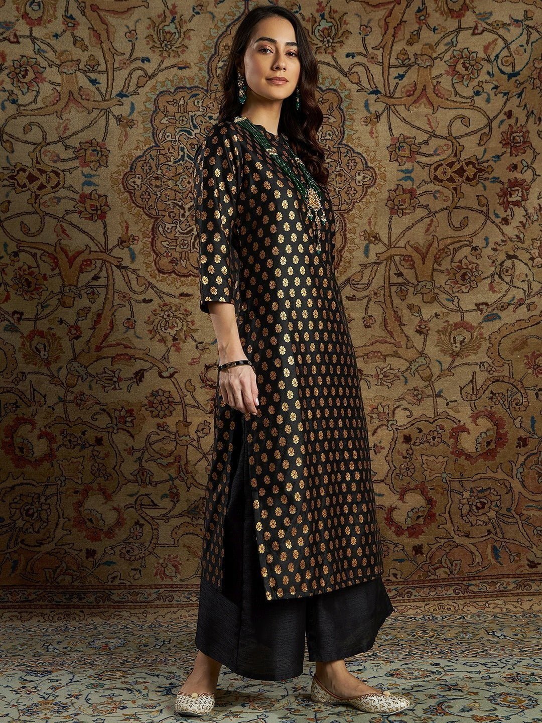 Women Black Floral Brocade Kurta With Palazzo Pants