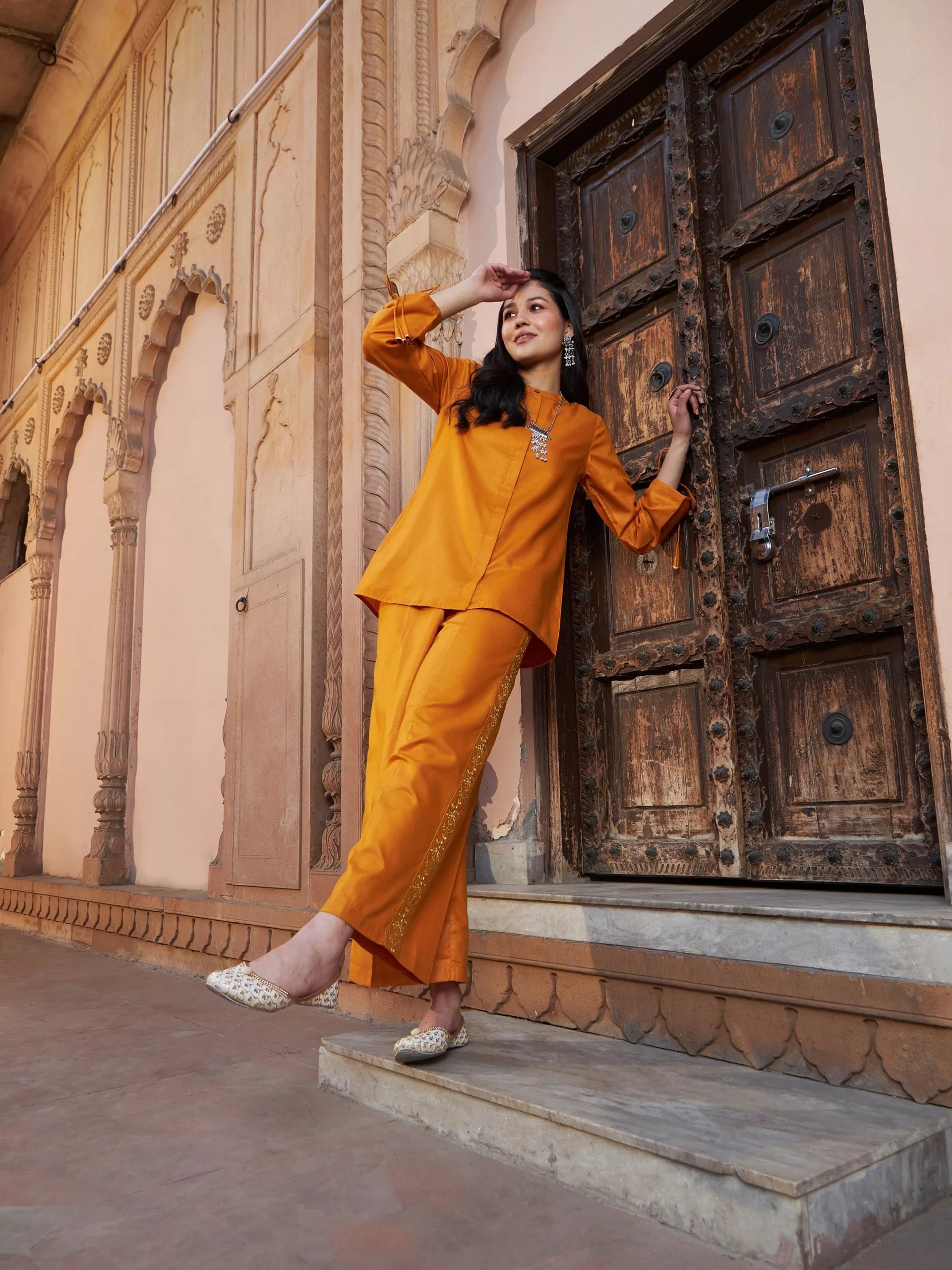 Women Mustard Ruched Sleeve Top With Embroidered Pants