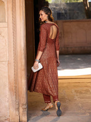 Women Rust Chevron Foil Anarkali Kurta With Pants