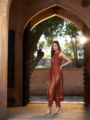 Women Rust Kali Foil Sleeveless Anarkali Kurta With Pants