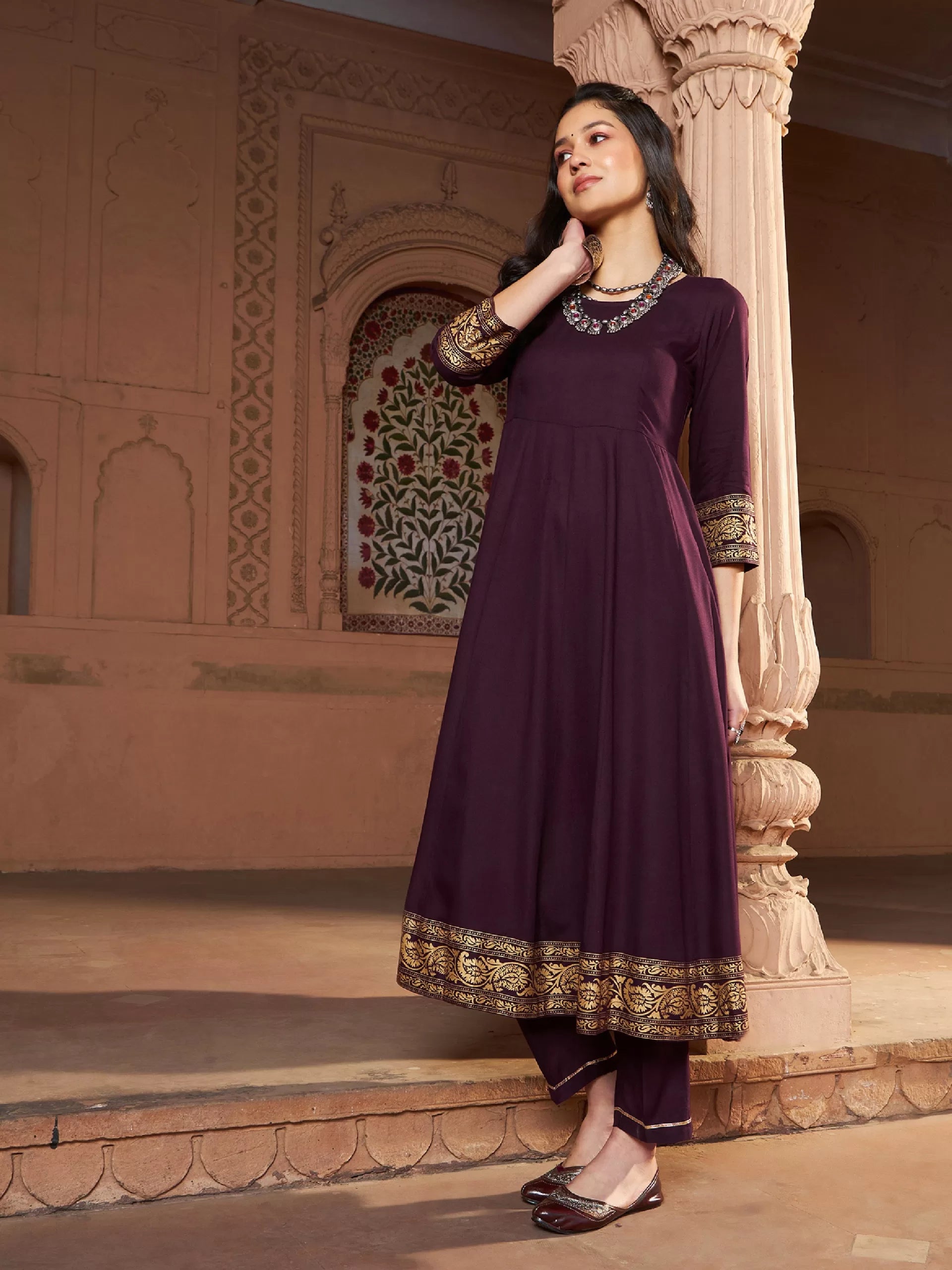 Women Burgundy Floral Foil Border Anarkali Kurta With Pants