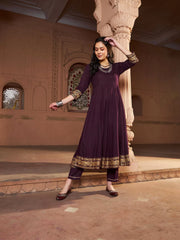 Women Burgundy Floral Foil Border Anarkali Kurta With Pants