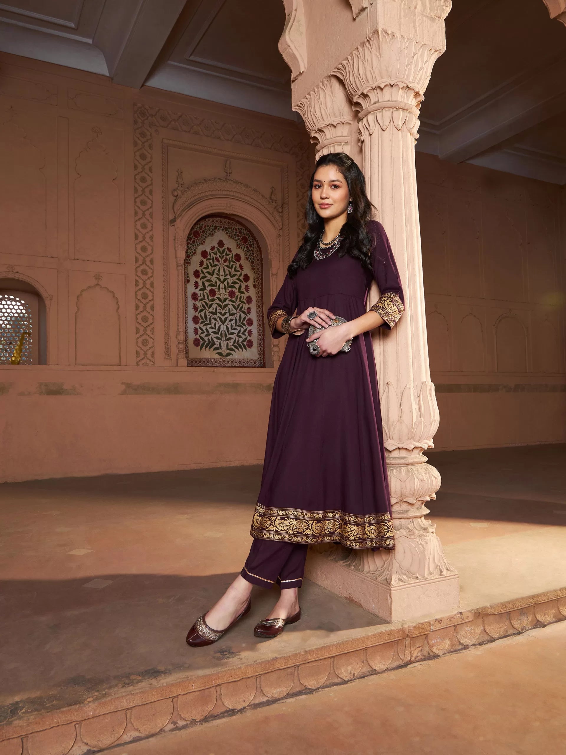 Women Burgundy Floral Foil Border Anarkali Kurta With Pants