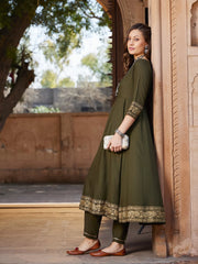 Women Olive Floral Foil Border Anarkali Kurta With Pants