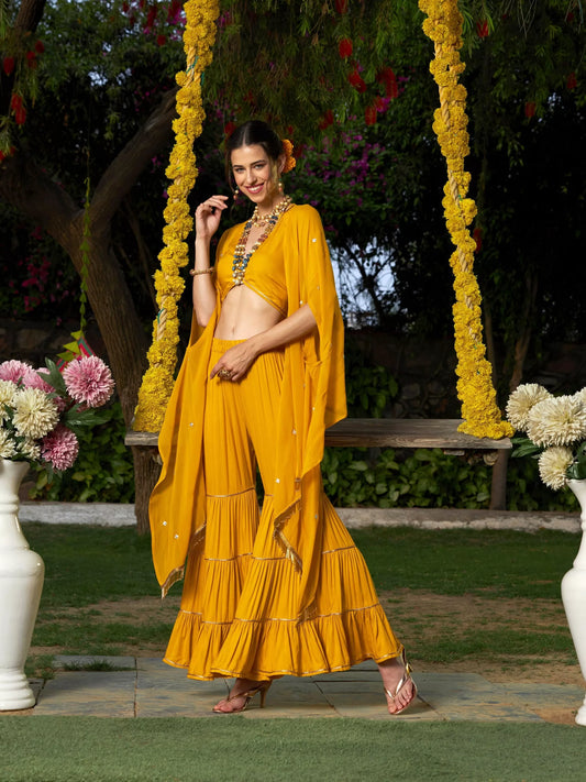 Women Yellow Crop Top With Tiered Sharara And Emb Cape