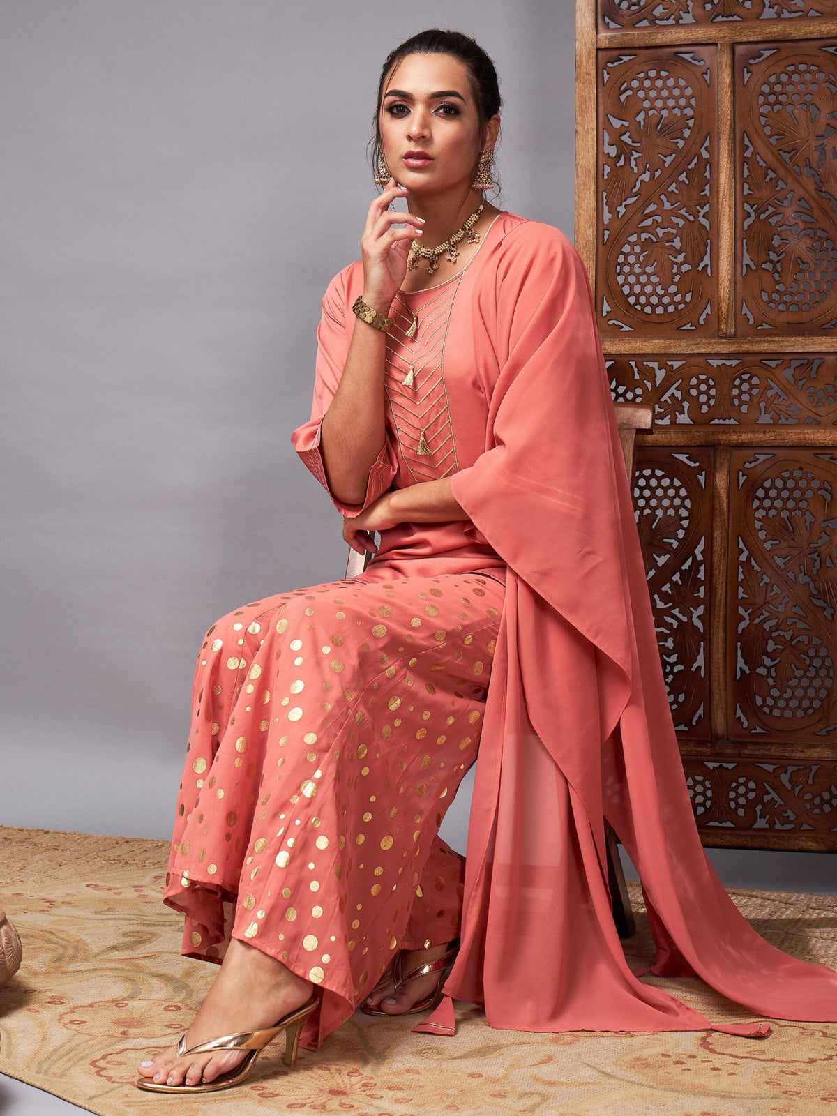 Women Rust Emb Short Kurta With Foil Palazzo And Dupatta