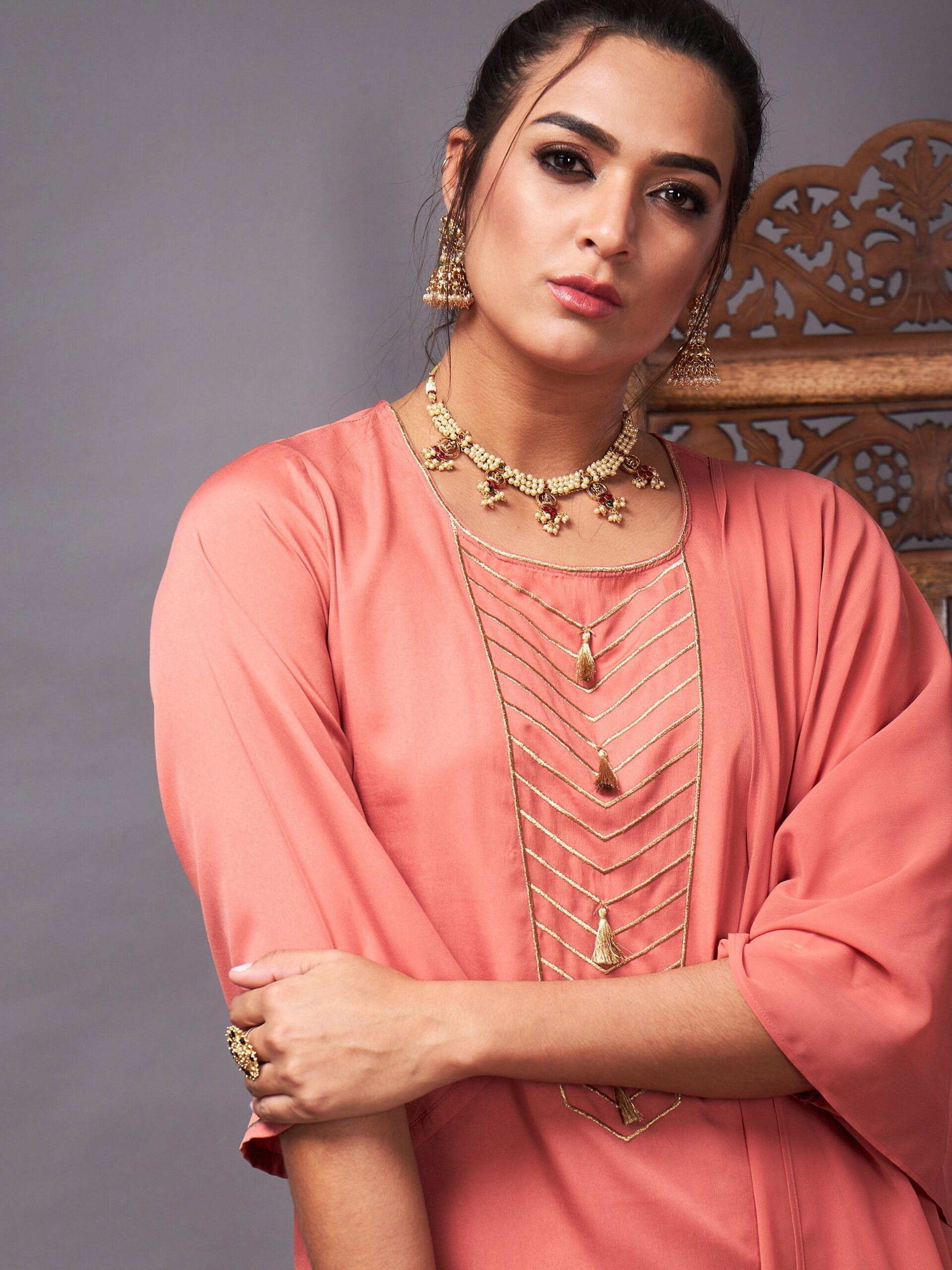 Women Rust Emb Short Kurta With Foil Palazzo And Dupatta