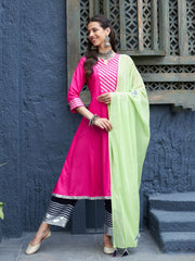 Women Fuchsia & Navy Gota Anarkali Kurta Set With Green Dupatta