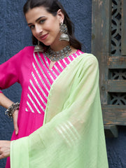 Women Fuchsia & Navy Gota Anarkali Kurta Set With Green Dupatta