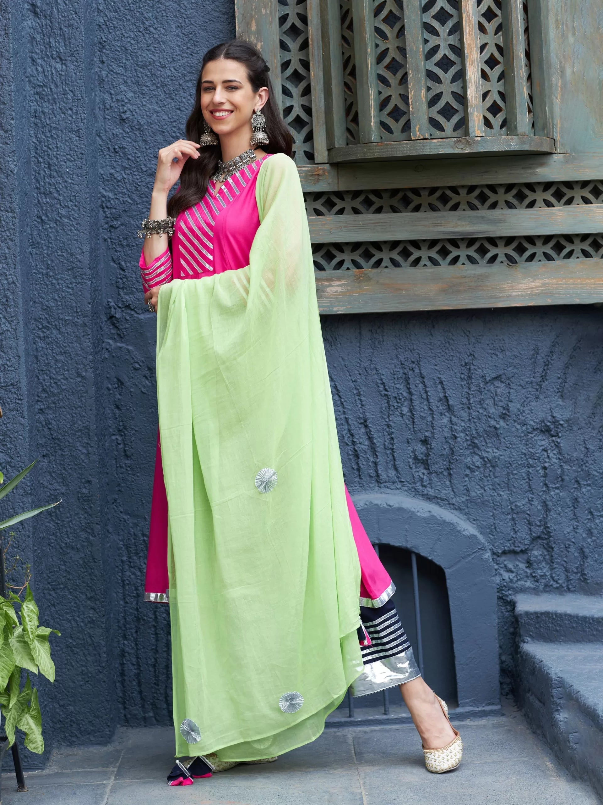 Women Fuchsia & Navy Gota Anarkali Kurta Set With Green Dupatta