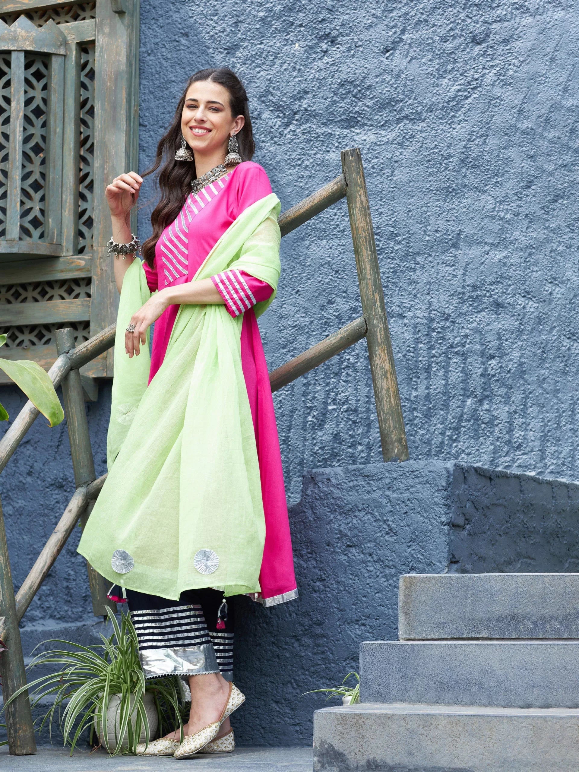 Women Fuchsia & Navy Gota Anarkali Kurta Set With Green Dupatta