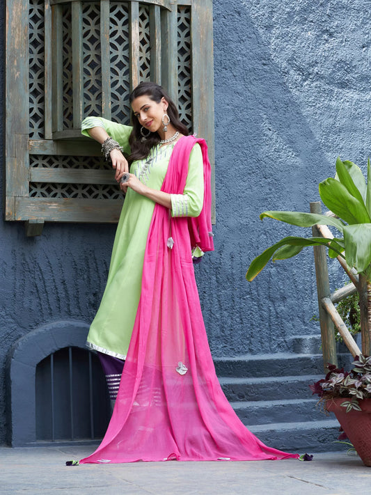 Women Green & Purple Gota Anarkali Kurta Set With Fuchsia Dupatta