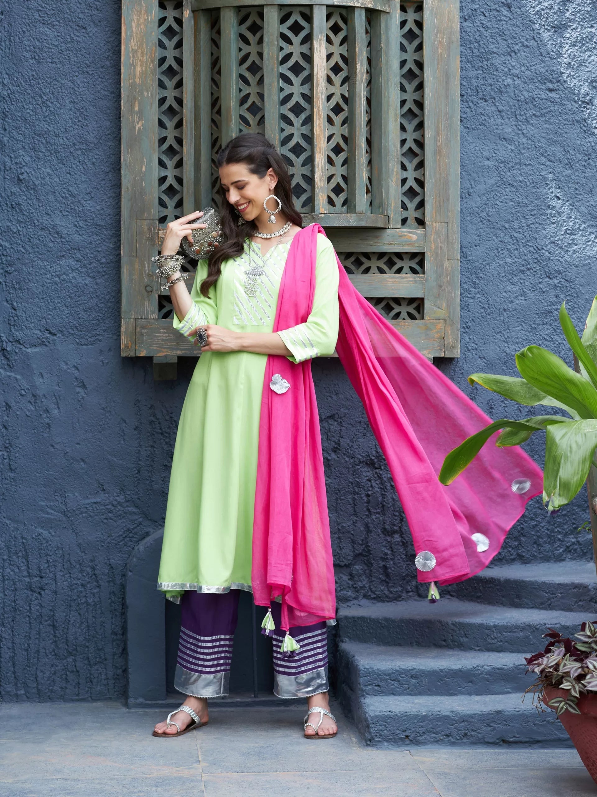 Women Green & Purple Gota Anarkali Kurta Set With Fuchsia Dupatta