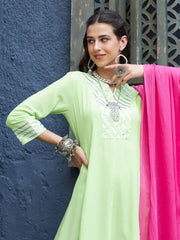 Women Green & Purple Gota Anarkali Kurta Set With Fuchsia Dupatta