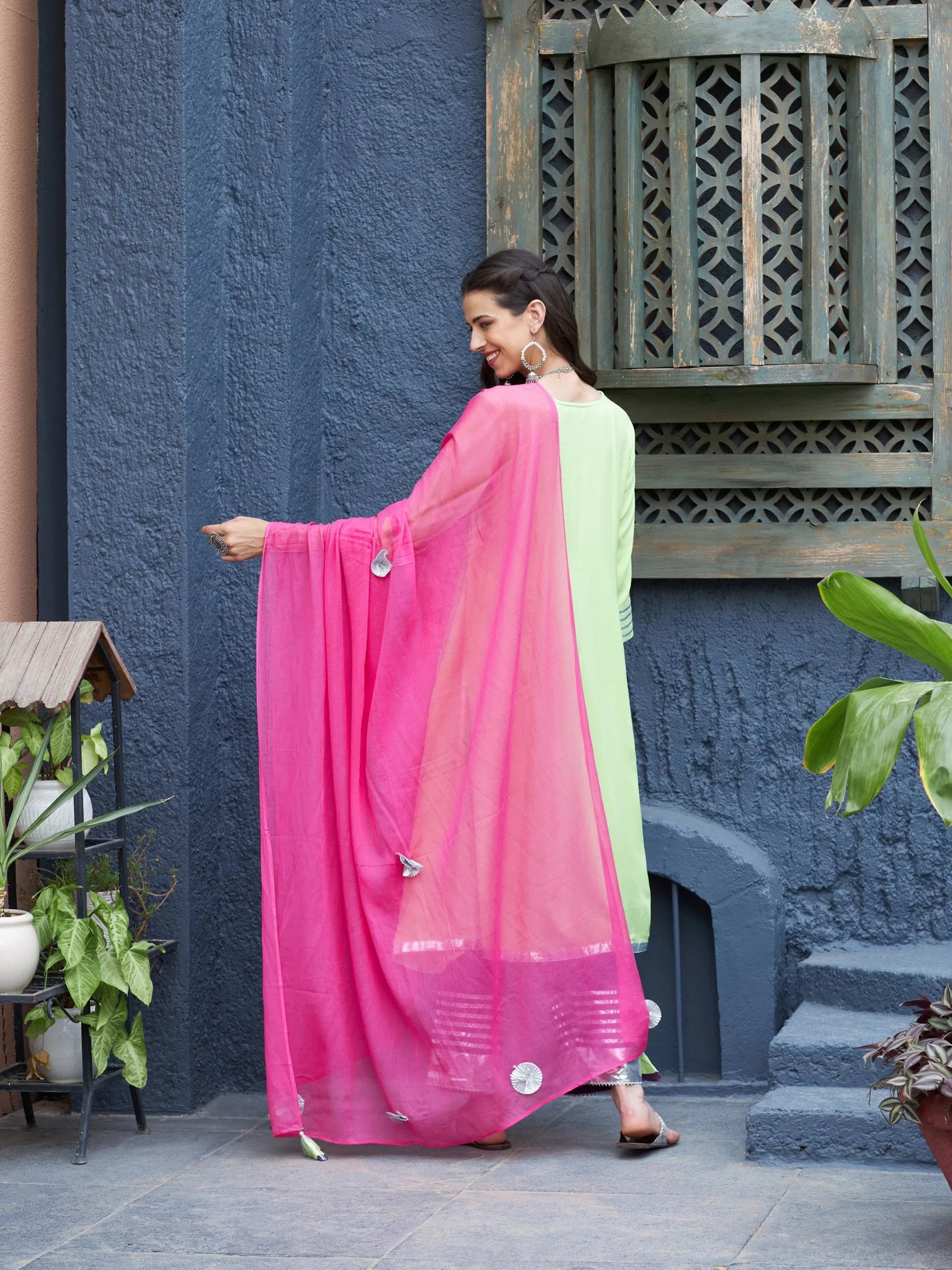 Women Green & Purple Gota Anarkali Kurta Set With Fuchsia Dupatta