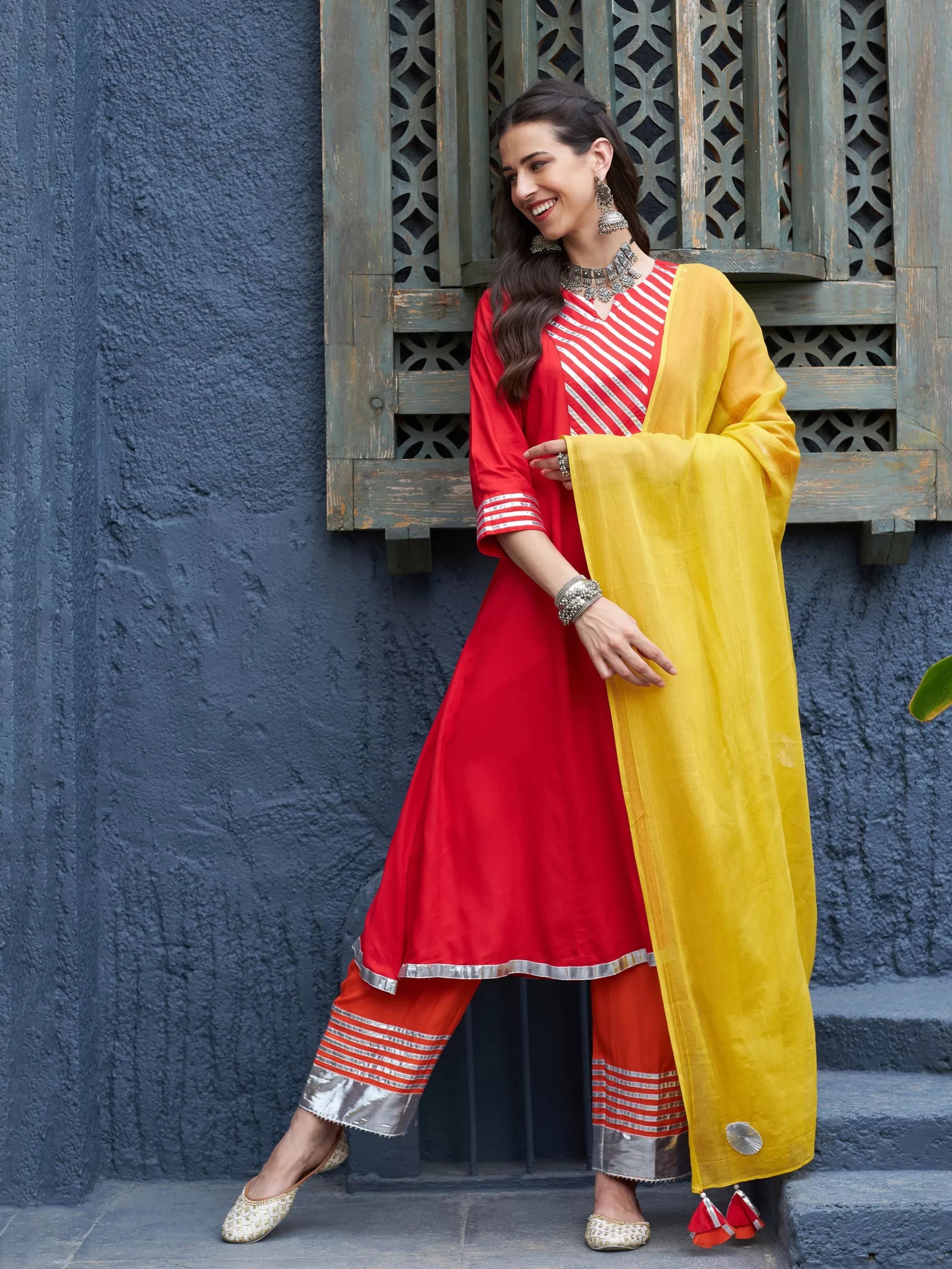 Women Red & Orange Gota Detail Anarkali Kurta Set With Mustard Dupatta