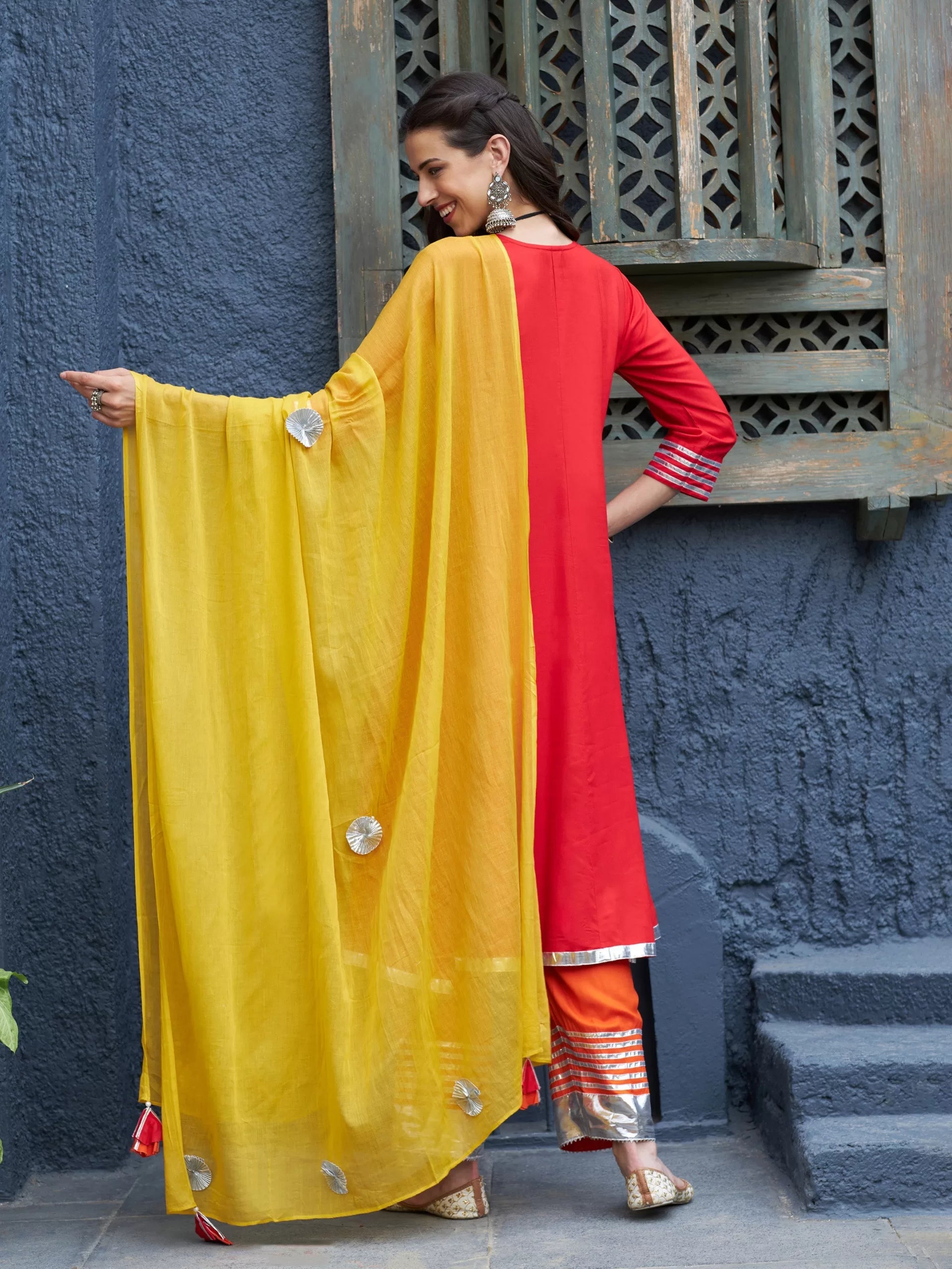 Women Red & Orange Gota Detail Anarkali Kurta Set With Mustard Dupatta