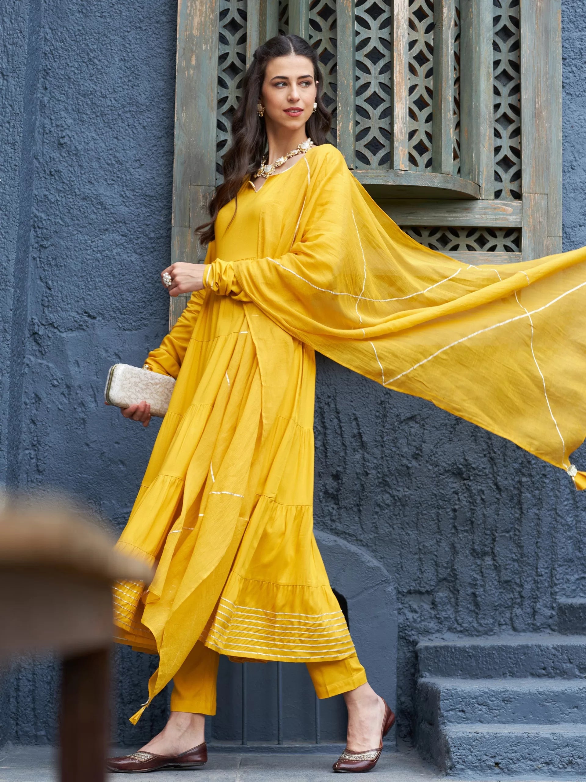 Women Mustard Tiered Kurta Set With Gota Dupatta