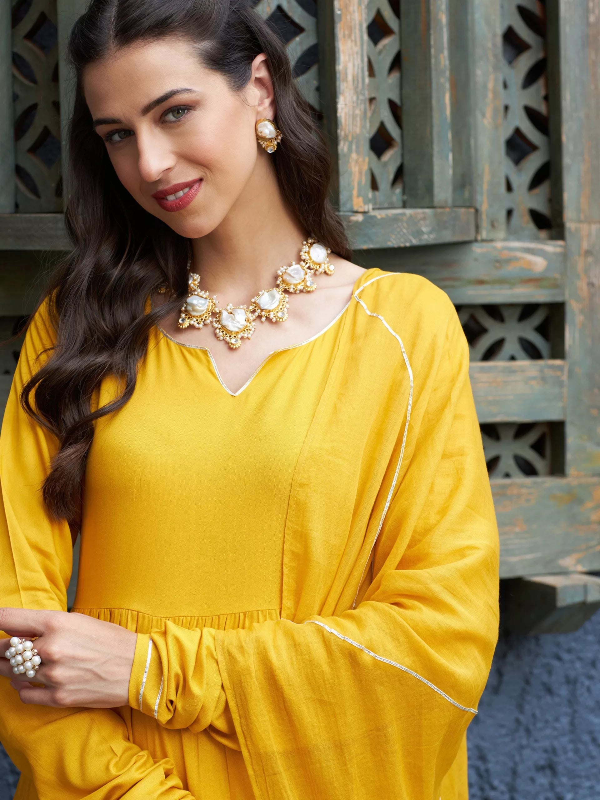 Women Mustard Tiered Kurta Set With Gota Dupatta