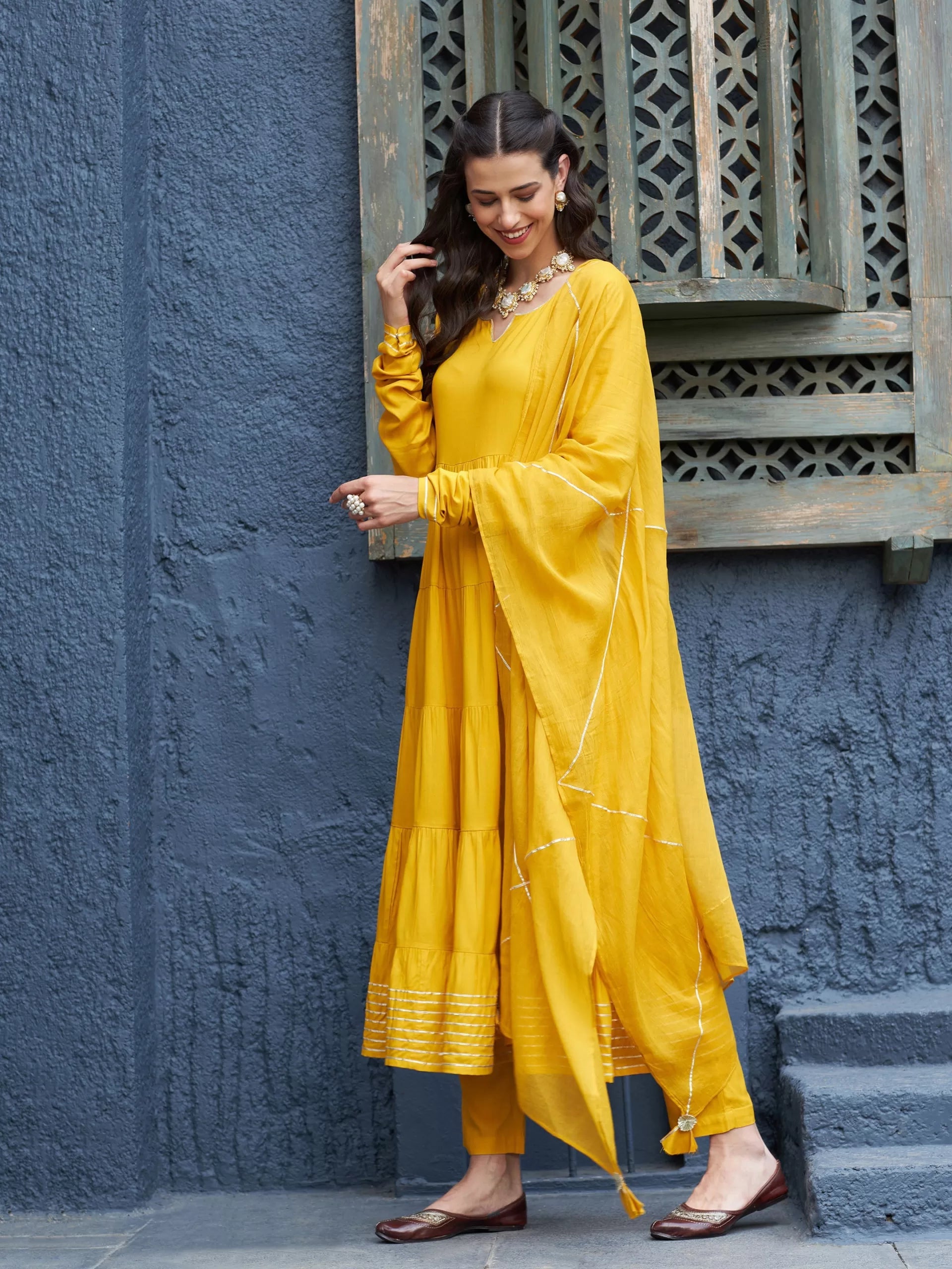 Women Mustard Tiered Kurta Set With Gota Dupatta