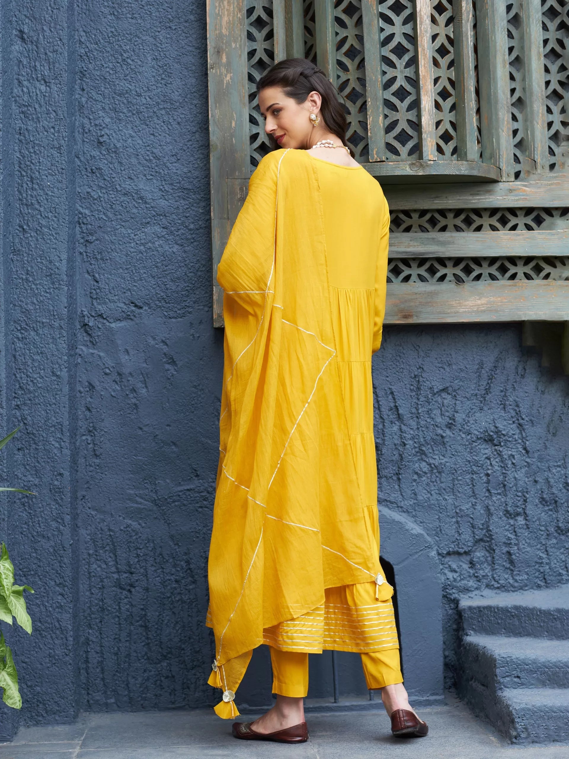 Women Mustard Tiered Kurta Set With Gota Dupatta