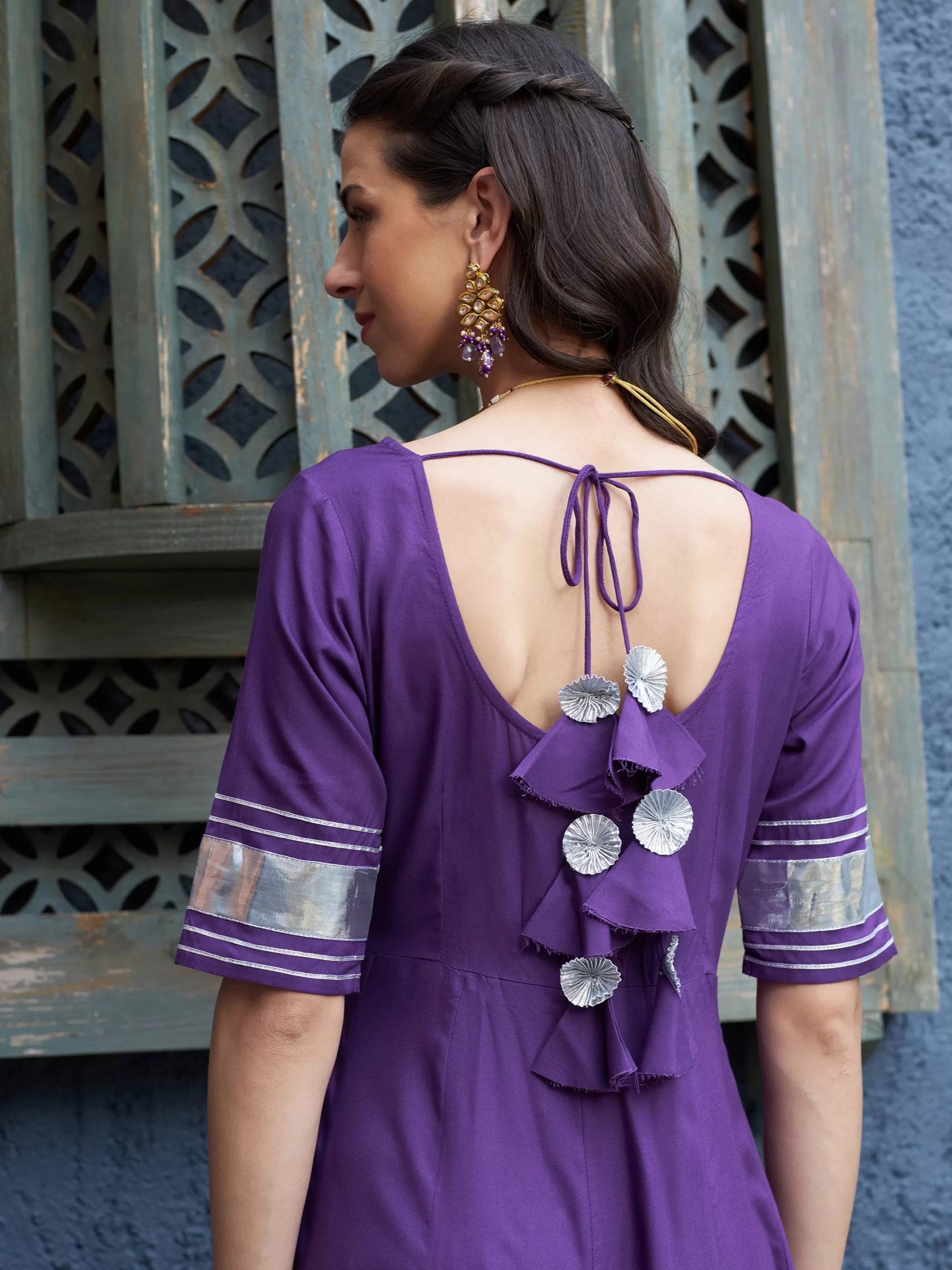 Women Purple Anarkali Kurta Set With Green Lehariya Dupatta