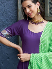 Women Purple Anarkali Kurta Set With Green Lehariya Dupatta