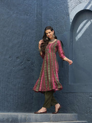 Women Maroon Geo Floral Anarkali Kurta With Olive Pants