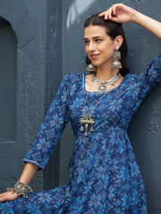 Women Blue Floral Anarkali Kurta With Navy Pants