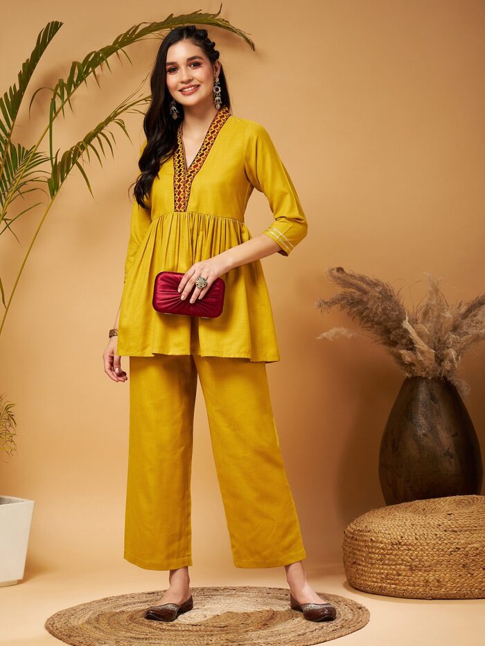 Shae by SASSAFRAS - Women Mustard Embroidered Gathered Top With Palazzos