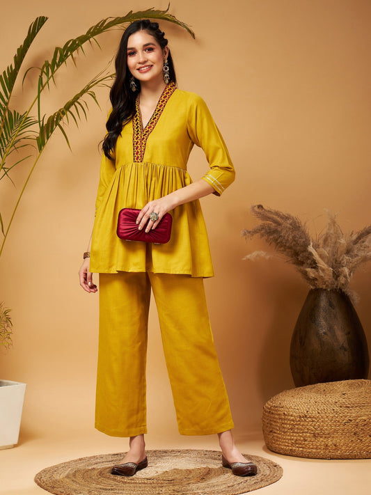 Women Mustard Embroidered Gathered Top With Palazzos