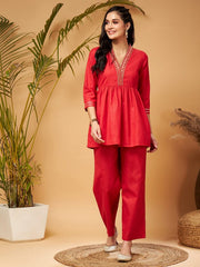 Shae by SASSAFRAS - Women Red Embroidered Gathered Top With Palazzos