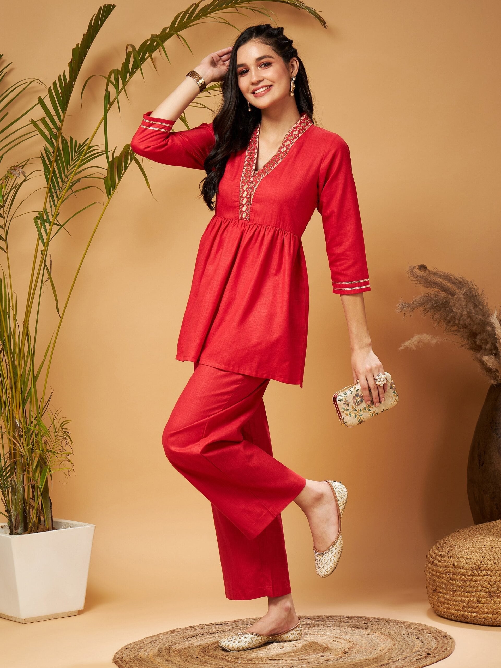 Women Red Embroidered Gathered Top With Palazzos