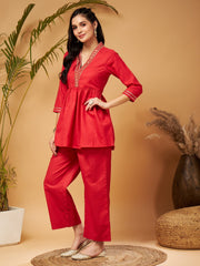 Women Red Embroidered Gathered Top With Palazzos