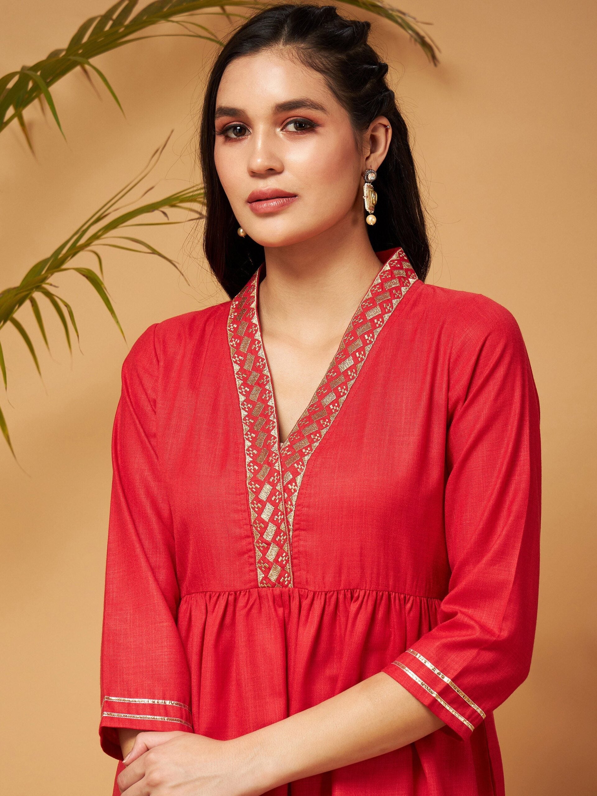 Women Red Embroidered Gathered Top With Palazzos