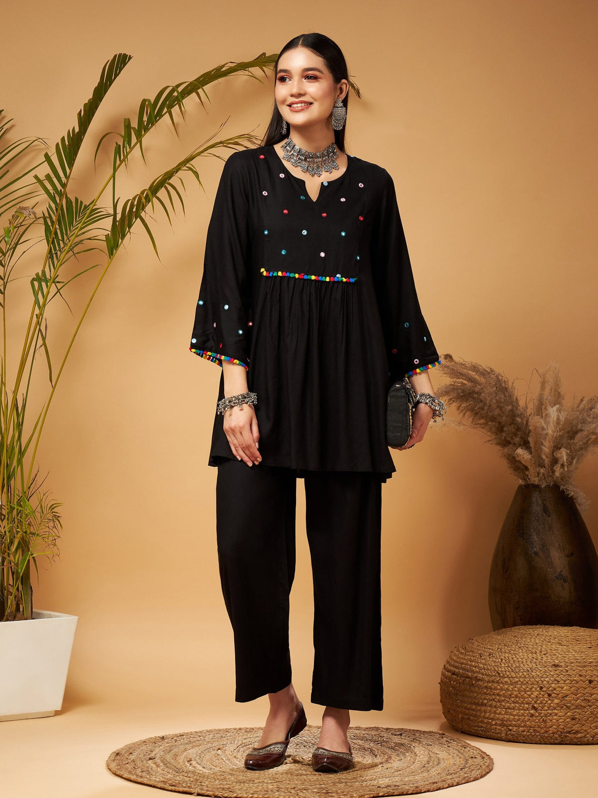 Women Black Mirror Work Embroidered Top With Palazzos