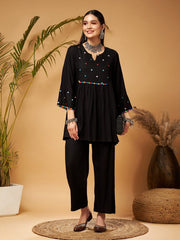 Shae by SASSAFRAS - Women Black Mirror Work Embroidered Top With Palazzos