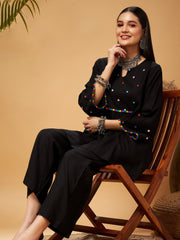 Women Black Mirror Work Embroidered Top With Palazzos